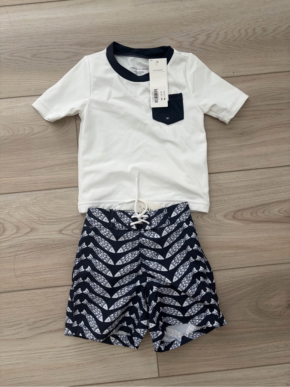 Janie and Jack White & Navy Leaf-Print Swim Set